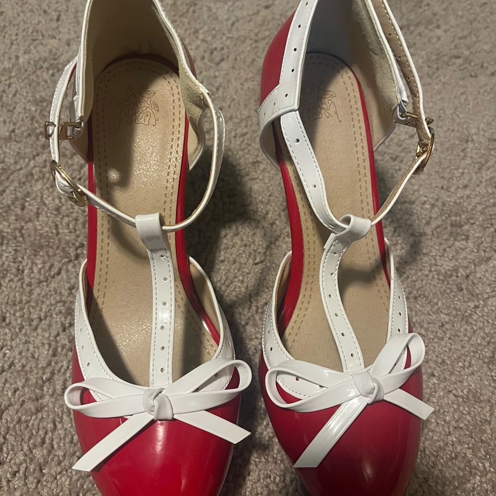 Red and White T-Strap Heels with Bow